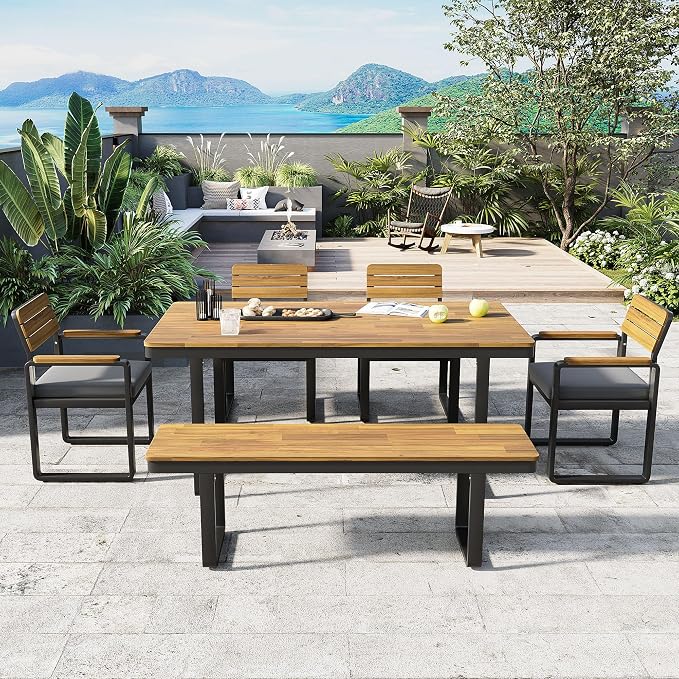 RUNNA Outdoor Dining Set, Acacia Wood,1 Table with 4 Chairs & 1 Bench for 6-7 Person,Comfortable Cushions on Chairs,Adjustable Feet, for Patio, Garden,Backyard Dining (Gray#55)