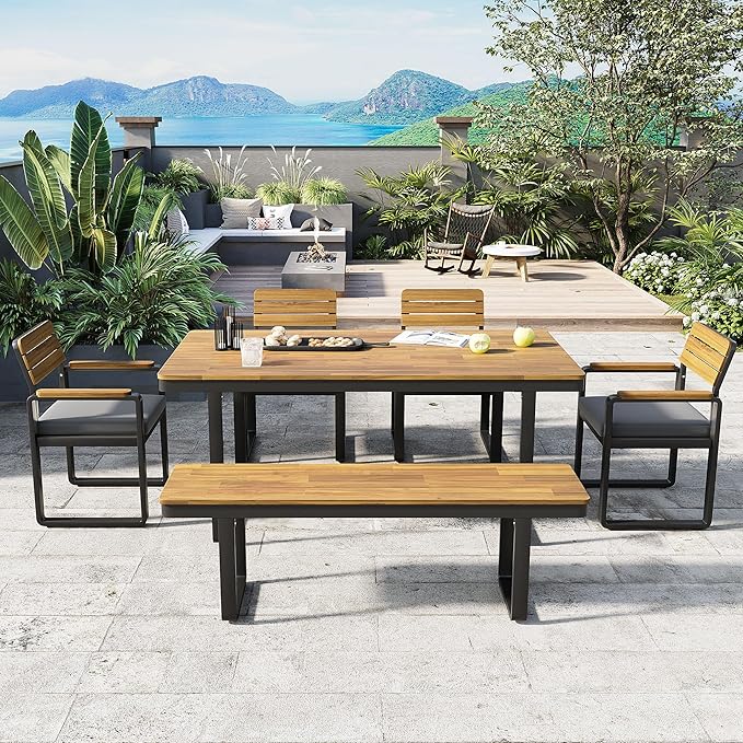 RuiSiSi 6-Piece Outdoor Dining Table Set, Acacia Wood Patio Dining Table Set with 1 Table, 4 Chairs, 1 Bench, Comfortable Cushions and Adjustable Feet for Patio, Garden, Backyard, Grey Cushion