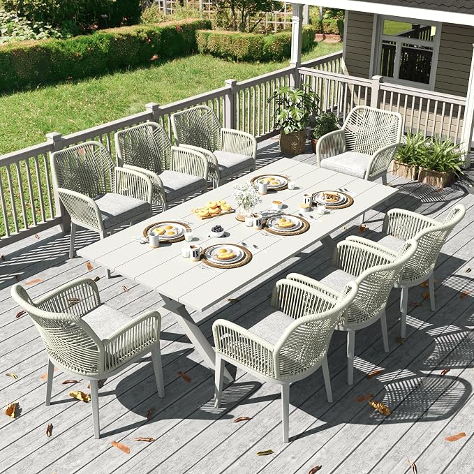 LayinSun Outdoor Dining Set for 8, 9 Pieces Patio Furniture Sets with Aluminum Dining Table and Rope Weave Chairs