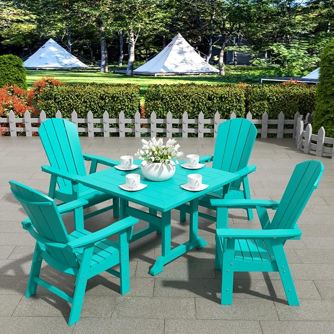 WestinTrends Malibu Outdoor Dining Table, All Weather Poly Lumber Adirondack 43" Trestle Square Patio Table with Umbrella Hole, Turquoise