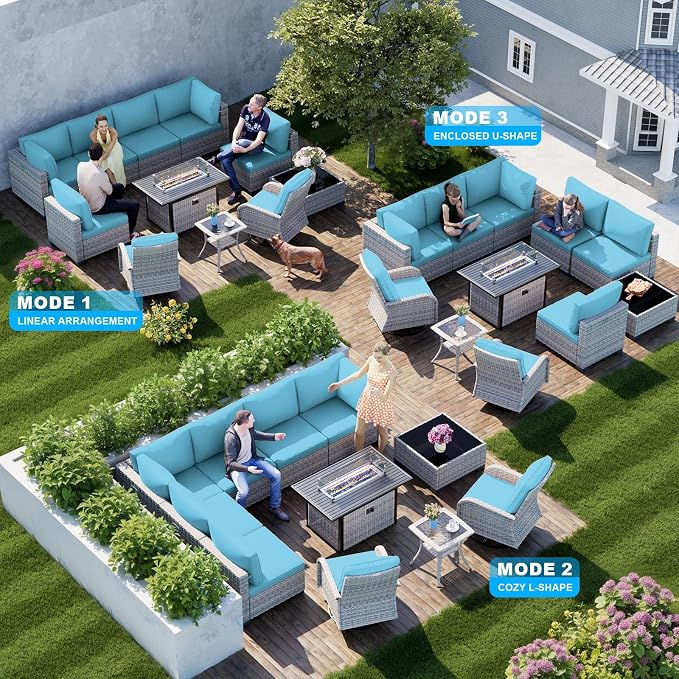 11-Piece Patio Furniture Set, Outdoor Patio Furniture with 55,000 BTU Fire Pit Table, Swivel Chairs Set, Thick Cushions, Modular Patio Sofa, Dual-Strand Wicker Rattan, Rust-Resistant Frame, Blue
