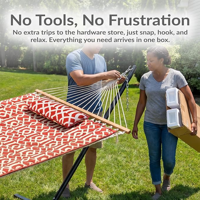 Sunnydaze Rope Double Hammock with Stand for Outside - Heavy Duty Freestanding Portable Outdoor Hammock Set with Quilted Pad, Pillow, and 12-Foot Steel Frame - 450 lb Capacity - Royal Red