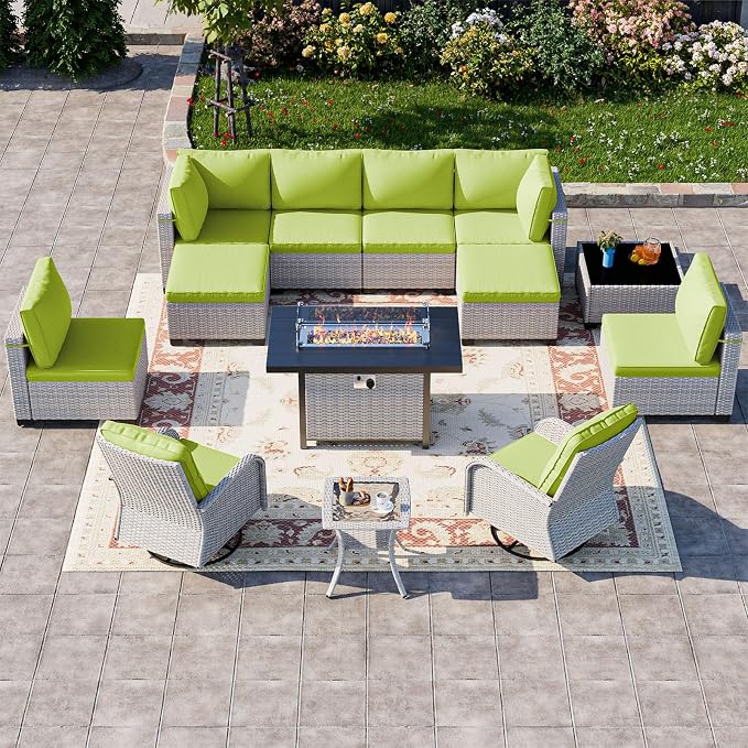 13-Piece Patio Furniture Set, Outdoor Patio Furniture with Swivel Chairs Set, Ottomans, 55,000 BTU Fire Pit Table, Modular Patio Sofa, Dual-Strand Rattan, Rust-Resistant Frame, Grass Green