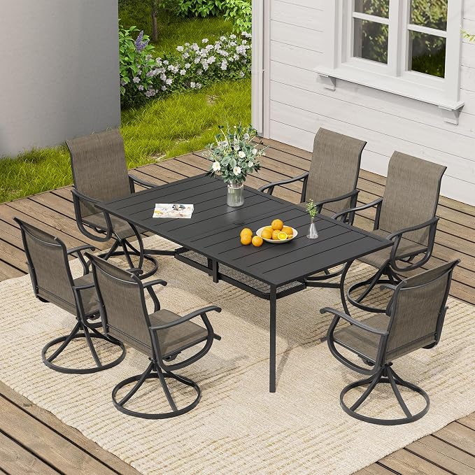 VICLLAX 7 Pieces Patio Dining Set, Patio Furniture Set of 6 Patio Swivel Dining Chairs and Rectangular Patio Table with Storage Shelf, Mixed Brown Chairs & Black Tabletop
