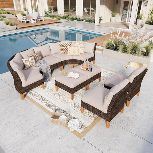 GREEN PARTY 9 Pieces Wicker Patio Furniture Set, All-Weather Outdoor Rattan Half-Moon Curved Patio Sectional Sofa Conversation Set with 4" Thick Cushions for Garden, Backyard, 2 x Ottomans
