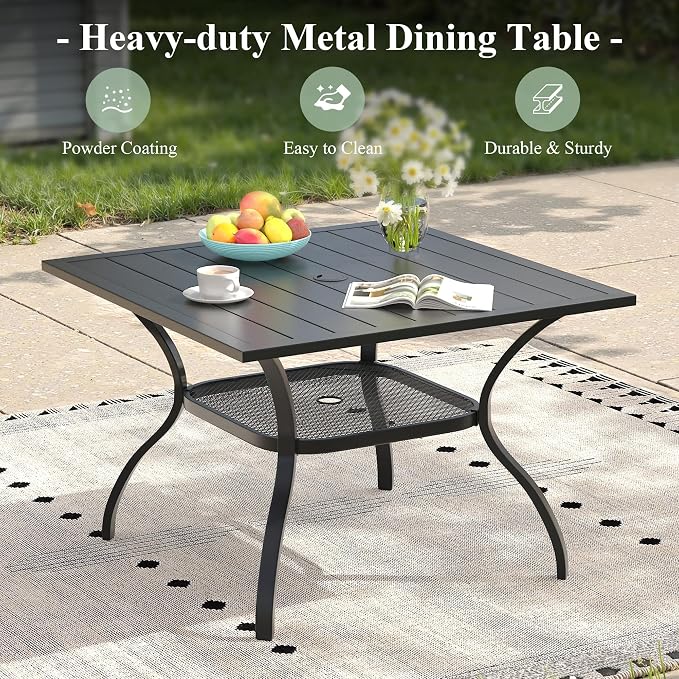 Outdoor Dining Set for 4, 37.8" Outdoor Dining Table with Umbrella Hole and Padded Textilene Patio Swivel Chairs, 5 Pieces Patio Table and Chairs Set for Garden Backyard, Dark Blue and Black