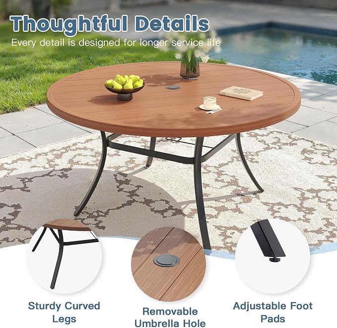 DIFY 9 Piece Outdoor Patio Dining Set for 8, 60" Walnut Round Metal Dining Table and Swivel Patio Chairs with Brown Padded Textilene, All-Weather Outdoor Furniture Set for Garden Backyard Porch