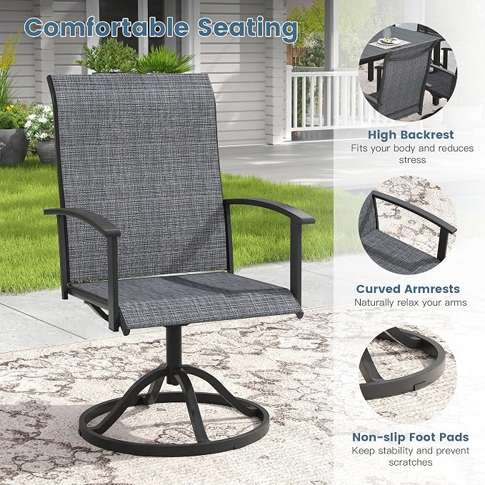 DIFY 7 Pieces Outdoor Dining Set, Metal Patio Table and Chairs Set for 6 with Umbrella Hole, 50" Black Round Table and Dark Grey Textilene Swivel Patio Chairs for Garden, Backyard, Poolside