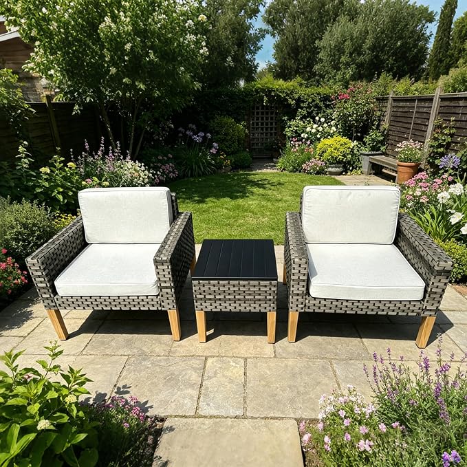 DECMICO 3 Piece Rattan Conversation Bistro Set, Outdoor Wicker Patio Furniture Set, All-Weather PE Rattan Chairs with Cushions for Backyard, Balcony, Garden, Beige