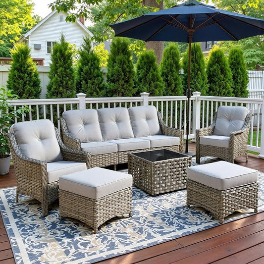 6 Piece Patio Furniture Set with Solar Lights Coffee Table, Outdoor Wicker High Back Sofa Chairs Ottomans with Cushions, All Weather Conversation Set for Backyard Porch Deck, Grey