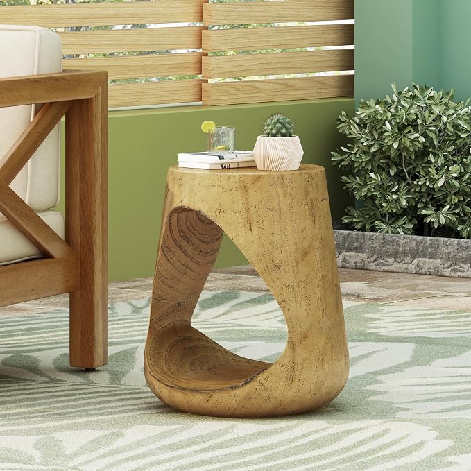 Lightweight Concrete Outdoor Side Table,Hollow Outdoor End Table, Wood-Like Texture Modern Small Accent Table for Patio Garden Balcony Porch Antique Natural 16.75" H