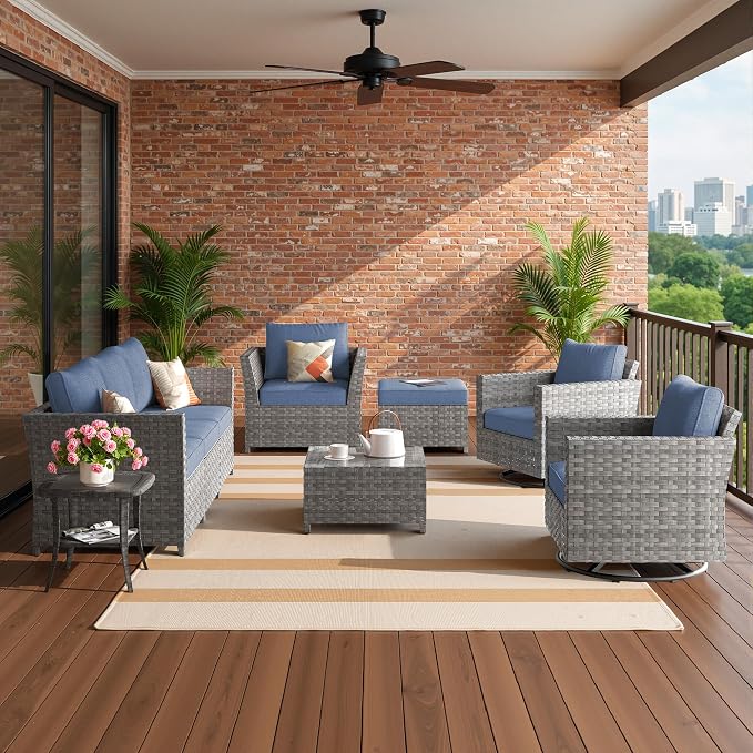 CAODOC Fully Assembled & Spacious 9-Pc Outdoor Sofa Set, Patio Rattan Conversation Group with Rocking Chair and Tea Table