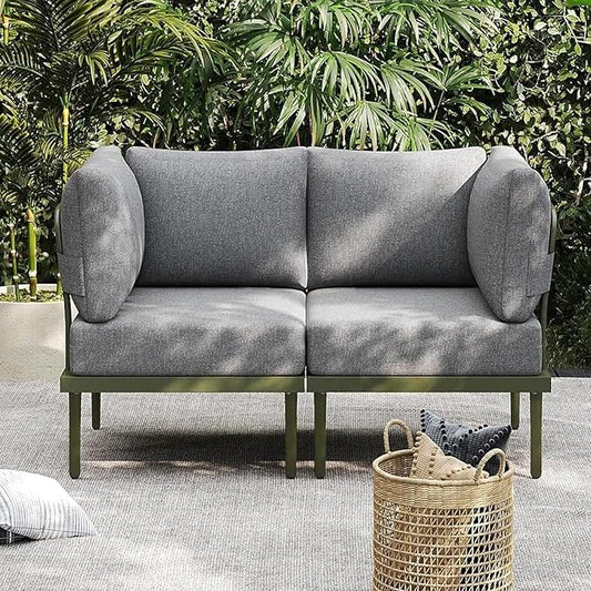 Sundale Outdoor 2 Pieces Metal Patio Furniture Set, Outdoor Sectional Sofa w/6 Inch Olefin Cushion, Modern Outdoor Conversation Sets for Porch, Balcony (Grey/Green)