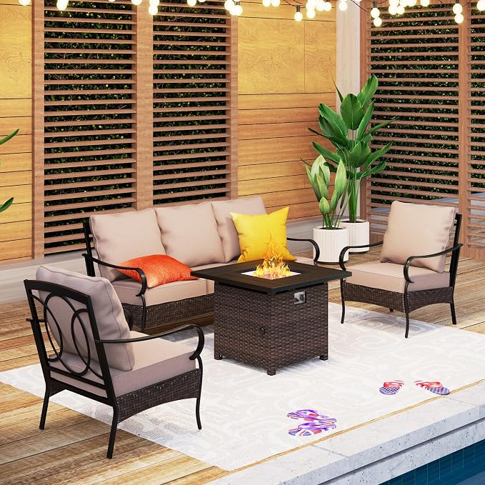 Outdoor Patio Furniture Set with 32" Fire Pit Table,4 Pieces Heavy-Duty Metal Patio Conversation Sets,Wicker Metal Modern Outdoor Outdoor Sofa Set for Patio, Balcony, Backyard, Deck, Poolside