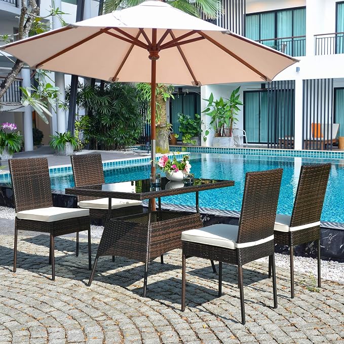 5 Pieces Patio Wicker Dining Set Outdoor Furniture, Outdoor Rattan Table and Chairs with Tempered Glass Table-top & Padded Cushions, Patio Furniture Sets for Backyard, Balcony(Brown)