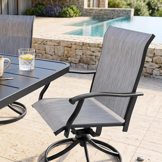 NUU GARDEN 7 Piece Patio Dining Set for 6 with Swivel Chairs | 61" x 37" table with umbrella hole and 6 breathable Textilene swivel chairs featuring ergonomic high backs.