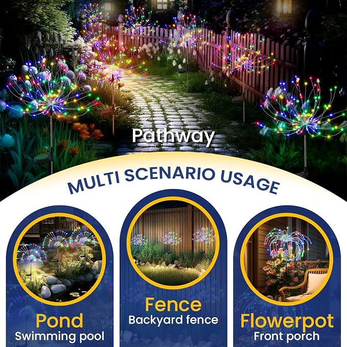 GIGALUMI 2 Pack Solar Firework Lights Outdoor, Garden Decor, Multicolored | 120 LEDs, Fairy Design, Waterproof, Garden Decor, Solar Powered for Yard, Pathway, Flowerbed, Planter, Balcony, Gifts for Mom