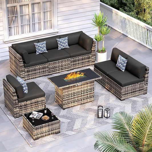 8 Pieces Outdoor Patio Furniture Set with 44" Fire Pit Table Yellow Rattan Sectional Conversation Sets w/Gas Fire Pit, Coffee Table, 1 Waterproof Covers, Black