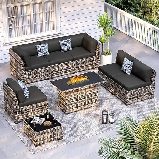 8-Piece Patio Furniture Set with 44” Fire Pit Table - All-Weather Wicker Conversation Sectional Sofa & Coffee Table with Thickened Cushions for Backyard, Garden(Black)