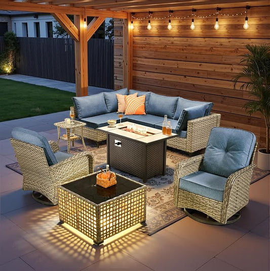 9 Pieces Patio Sectional Furniture Set, Outdoor Wicker Sectional Couch with Firepit Swivel Rocker Chairs Solar Lights Table, Modern Conversation Set for Porch Balcony Backyard, Denim Blue