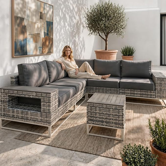 6-Piece Outdoor Patio Furniture Set, Modern PE Wicker Outdoor Sectional Sofa with Storage Armrests & 5.5" Thick Cushions, L-Shaped Couch for Deck, Porch, Backyard, Charcoal Gray