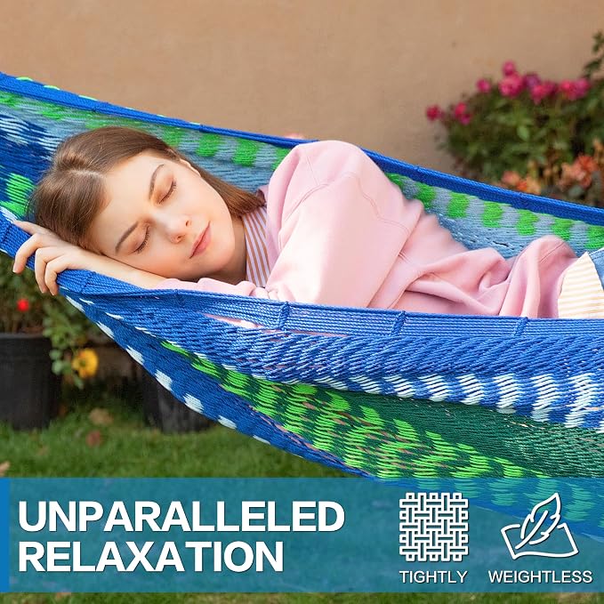 PNAEUT Handwoven Mayan Hammock, Thick Soft Rope Double Hammock for Outdoor Outside & Indoor, 600 lbs Capacity Heavy-Duty, Includes Tree Straps, Carabiners & Carry Bag(Lake Superior, X-Large)