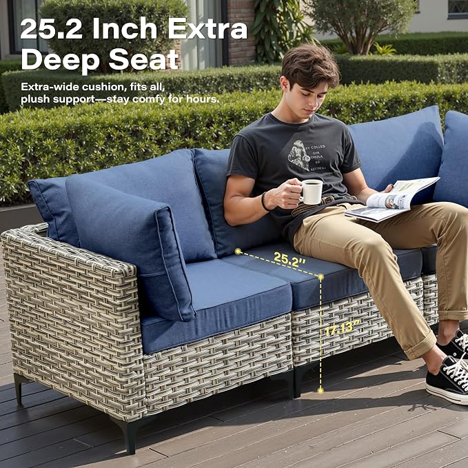 8 Pieces Patio Furniture Set with 42" Fire Pit, All-Weather Rattan Outdoor Sectional Conversation Sets L Shaped Sofas with Solar Light Coffee Table for Porch Balcony Backyard Denim Blue