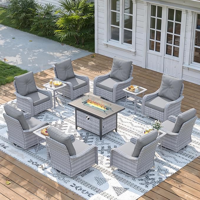 13 Piece Wicker Patio Furniture Set with 55,000 BTU Fire Pit Table, Swivel Rocking Chairs, 4''Cushions, PE Rattan, Wind Guard Glass, for Backyard, Deck or Balcony, Grey