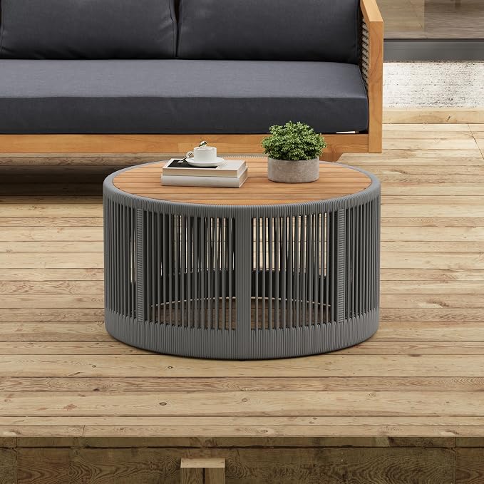 Round Rattan Coffee Table, Wood Outdoor Coffee Table, Rustic Patio Table Weather-Resistant Outdoor Furniture, for Garden, Balcony, Porch, Grey