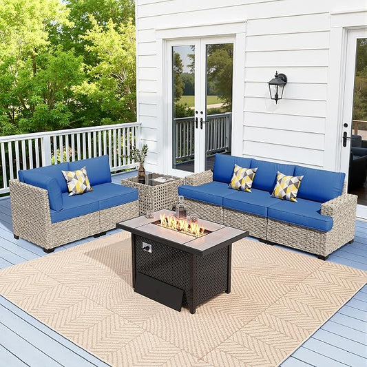 Weaxty 7 Pieces Wide Seats Outdoor Furniture Set, L Shape Sectional Couch Ottoman Fire Pit Solar Table, Thick Cushion All-Weather Rattan Patio Conversation Sets for Backyard Porch Deck, Navy Blue