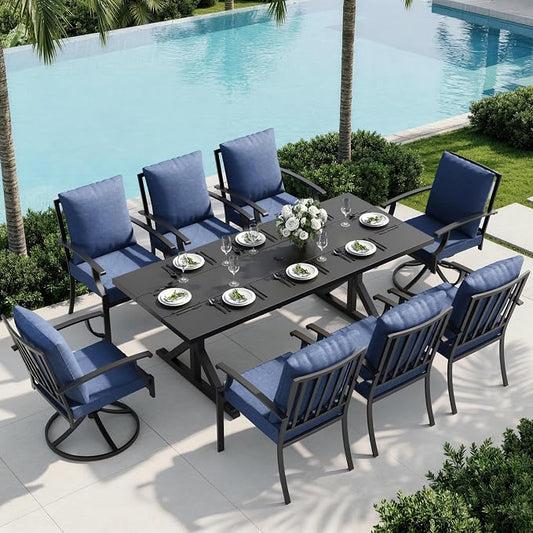 9 Piece Outdoor Dining Set for 8, Metal Patio Table and Chairs with Cushions, Patio Furniture Set with 2 Swivel Chairs, Rectangular Metal Dining Table with Umbrella Hole, Lawn Deck Yard-Navy