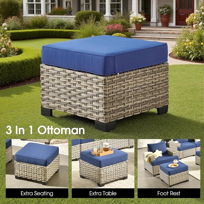 Wicker Patio Furniture Set with Fire Pit Table,9 Pieces Outdoor Sectional with Swivel Chairs Ottoman,Out Door Furniture Conversation Set,Navy Blue