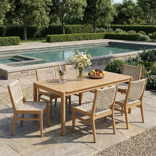 Christopher Knight Home Levi Acacia Wood Dining Table Set for 6, Solid Wood Outdoor Dining Set for 6, 7 Piece Patio Dining Table and Chair Set with Wicker Seat & Back, Light Gray + Light Teak