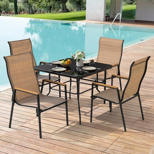 NUU GARDEN 5 Piece Patio Dining Set for 4, Outdoor Dining Set with Tempered Glass Table with Umbrella Hole and 4 Stackable Textilene Chairs with Faux Wood Armrests, Black and Khaki