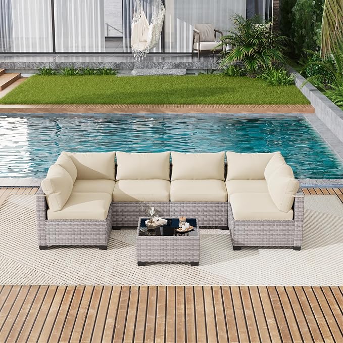 LOUVIXA 7 Piece Outdoor Patio Furniture Set, Outdoor Sectional Sofa, Wicker Rattan Patio Furniture, Patio Conversation Set with Coffee Table & Cushions