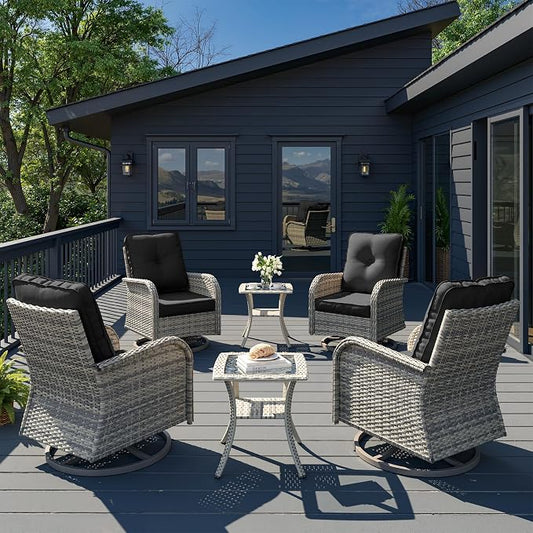 6-Piece Patio Rocking Swivel Chair Outdoor Wicker Rattan Bistro Set with Tempered Glass Side Table, Outdoor Patio Furniture Set for Garden, Deck, and Balcony, Dark Grey