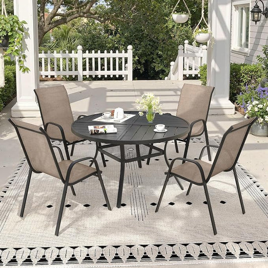 5 Pieces Outdoor Dining Set, 40.7" Spliced Patio Table with Umbrella Hole & Stackable Outdoor Dining Chairs, Patio Furniture Set for Deck Garden Porch, Brown Chairs & Black Table