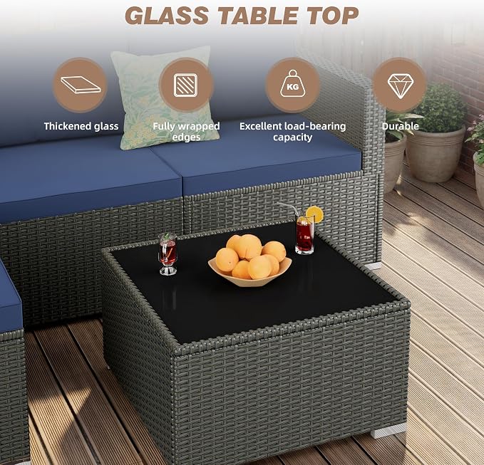5 Piece Patio Furniture Sets, All-Weather PE Rattan Wicker Outdoor Sectional Sofa with Cushions and Glass Table for Garden Backyard Poolside
