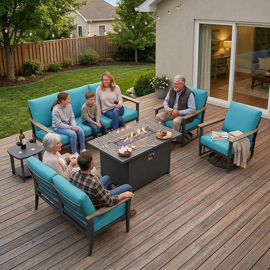 Aluminum Outdoor Patio Furniture Set with Swivel Rocking Chairs 7-Seat, Patio Sectional Sofa Patio Conversation Set with 55,000 BTU Fire Pit Table High Backrest & Thickened Cushions, Turquoise