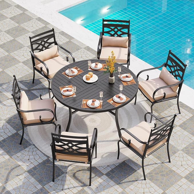 PHI VILLA Patio Dining Set, Round Metal Table | Metal chairs, Beige, Umbrella Hole, Cushions, E-coated