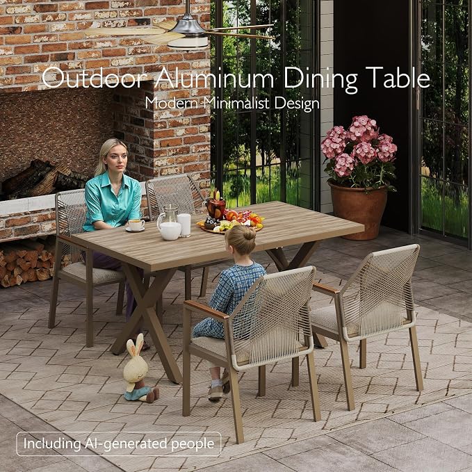 Aluminum Outdoor Dining Table - All-Weather Exposure, Waterproof and Rust-Proof Courtyard-Style Coffee Table Garden/Balcony/Poolside, Light Brown 1 Pcs
