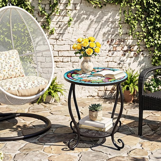 Outdoor Side Table,Small Round Patio Acceet End Plant Metal Coffee Table for Yard Porch Garden Patio Living Room, Bedroom(Hummingbird)