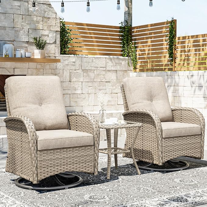 Joyside Outdoor Swivel Rocker Chairs, 3 Piece Wicker Patio Set with Thickened Cushions, High Back, Deep Seating, Wide Armrest, Outdoor Swivel Chairs for Porch, Deck