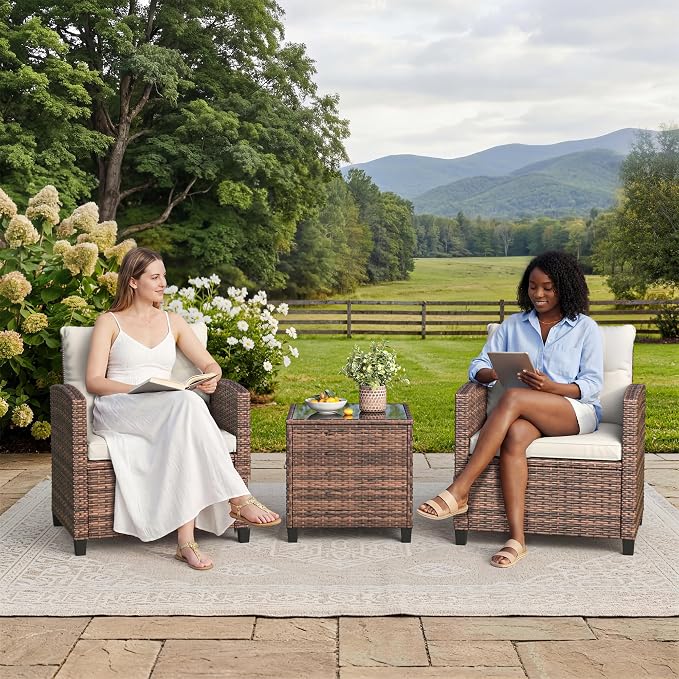 GarveeLife 3 Piece Wicker Patio Furniture Set, Outdoor Rattan Chairs with Side Table, All-Weather Conversation Set for Balcony, Porch or Backyard, Brown Gradient Wicker with Cushions