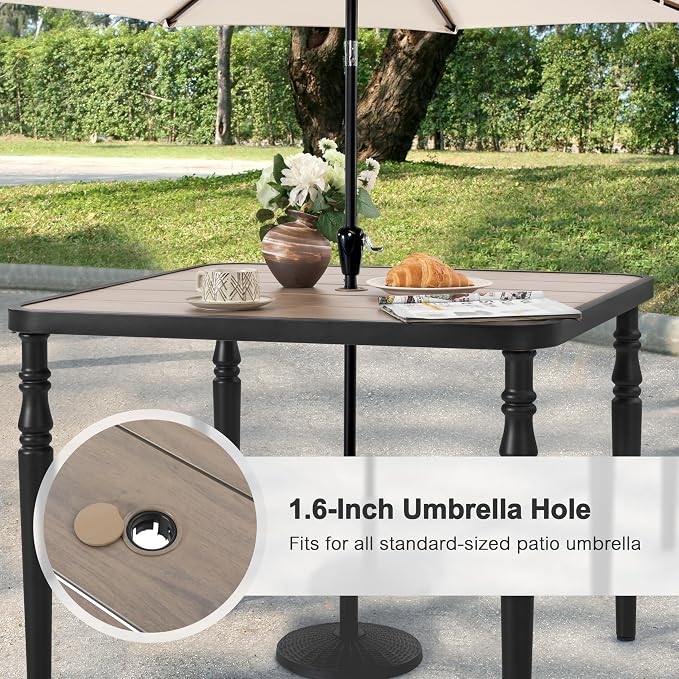 NUU GARDEN 5-Piece Outdoor Patio Dining Set, Wood-Grain Tabletop with Umbrella Hole & Metal Frame, All-Weather Stackable Chairs, Furniture for Backyard Pool Porch Deck, Black