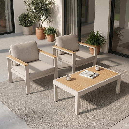 Outdoor Patio Furniture Set, 3-Piece Aluminum Conversation Set with 2 Chairs and Coffee Table, 5-Inch Water-Resistant Cushions, Powder-Coated Frame for Porch, Deck, Backyard, Beige