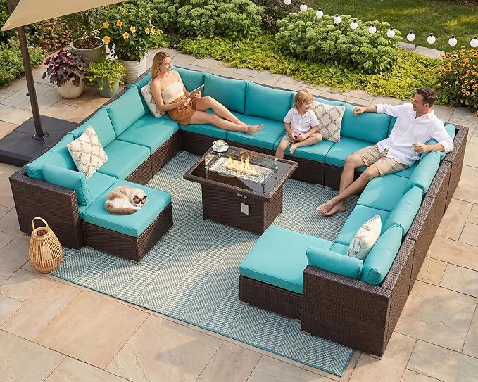 NICESOUL 15 Piece Outdoor Sectional with Fire Pit Table, Modern Luxury Patio Deep Seating w/Firepit, 29.3'' High-Back Wicker Couch Thick, Big High-Weight Capacity Sofa for Garden, Yard, Brown & Teal