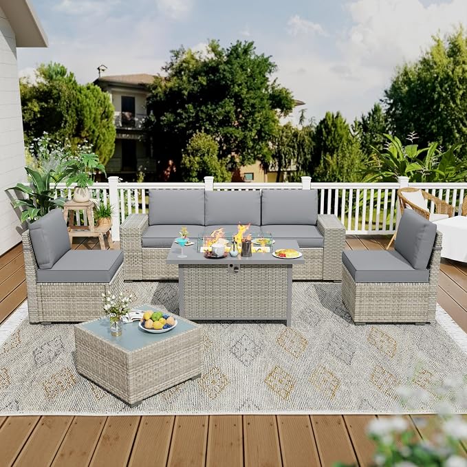 7 Piece Patio Furniture Set with 50,000 BTU Rattan Fire Pit Table that Converts to Coffee Table, 9.8" Wide Arm Sectional Sofa with Storage Armrests, Outdoor Rattan Conversation Set, Grey