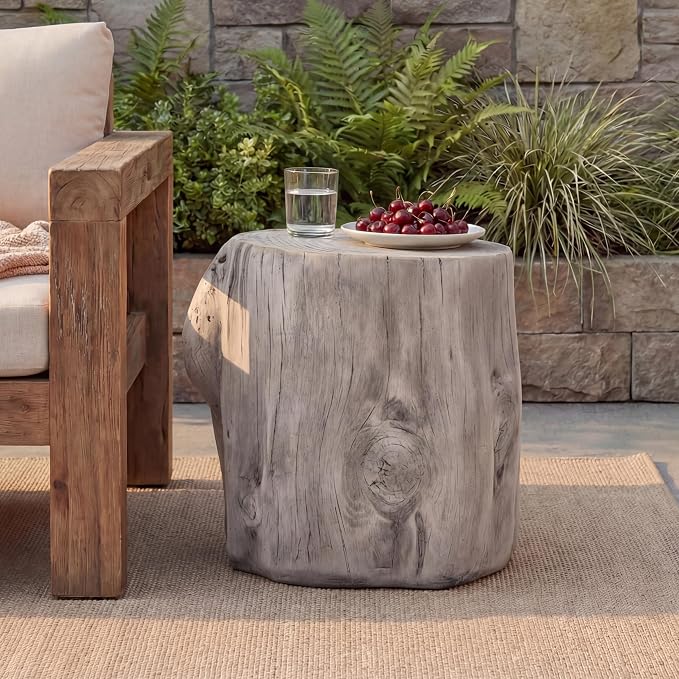 Christopher Knight Home Lomlyn Outdoor Tree Stump Side Table, Lightweight Concrete End Table, Accent Table with Natural Wood Form, Decorative Small Coffee Desk for Living Room Patio, Antique Grey