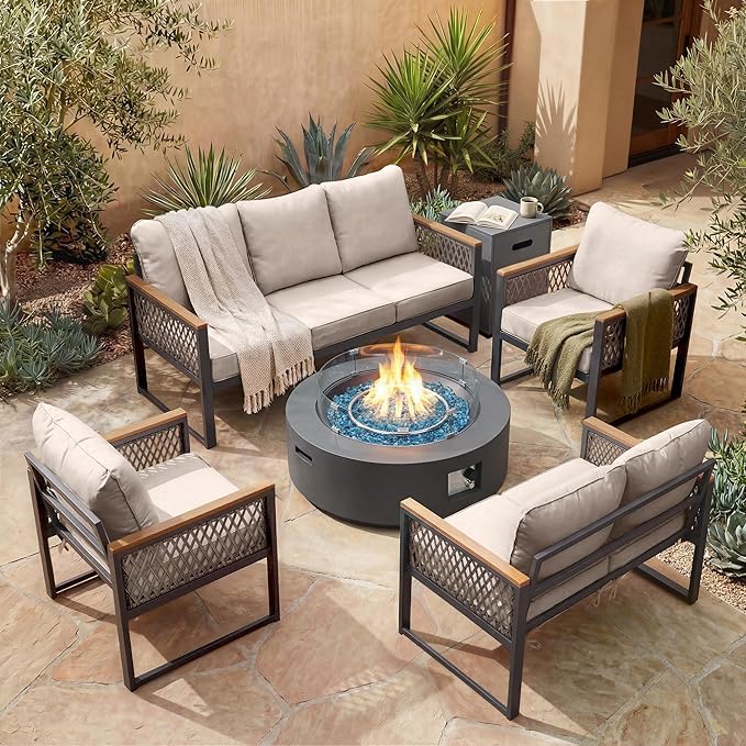 UPHA 7 Pieces Patio Furniture Set with 42" Propane Gas Fire Pit Table, Metal Outdoor Sectional Couch Set with Loveseat & 3-Seat Sofa, Modern Patio Conversation Set for Porch Balcony Deck, Beige